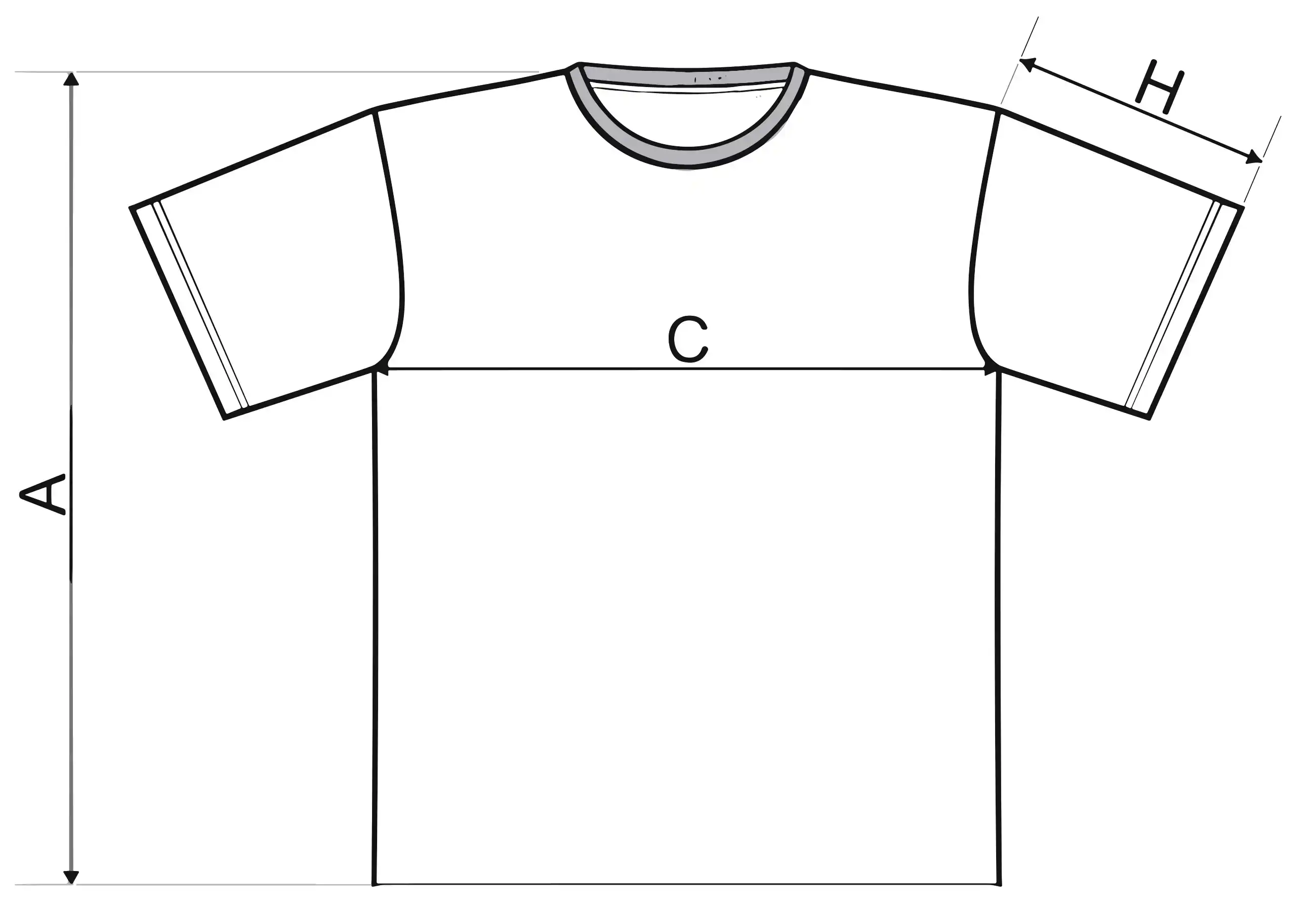 Férfi póló méretezési ábra (A: testhossz, C: mellszélesség, H: ujjhossz)